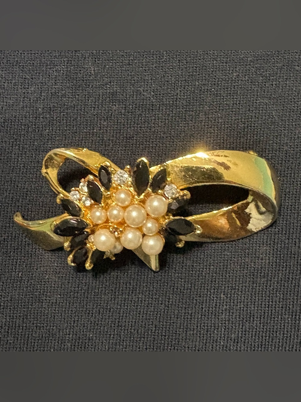 Vintage Gold Tone Ribbon Bow Brooch Faux Pearl Black Rhinestone Floral Pin